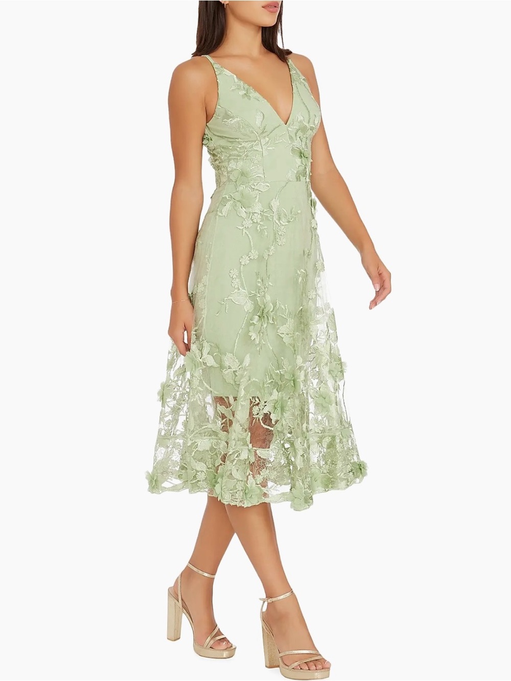 Dress the Population Sage Green Embroidered Floral Lace Midi Dress Size Large - Picture 3 of 14